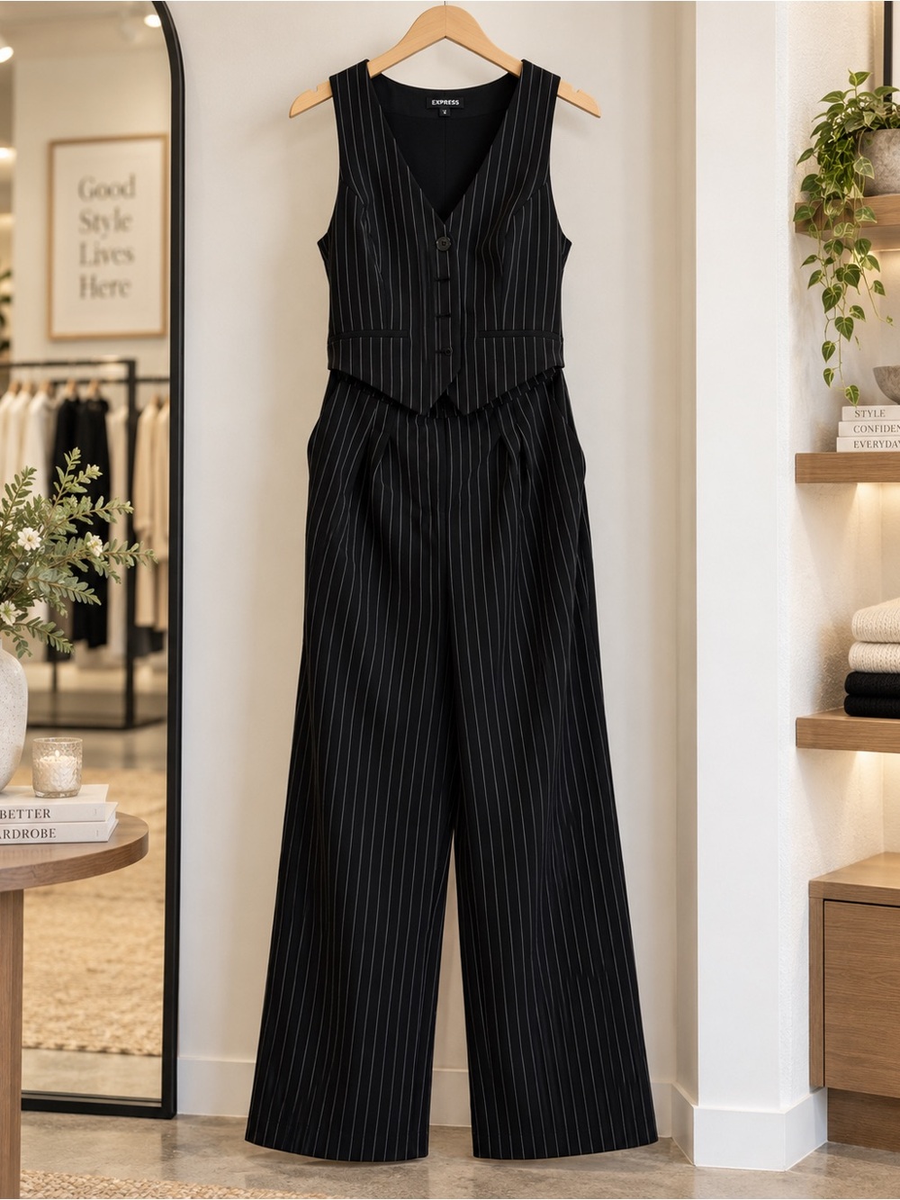Express Pinstripe Tailored Vest Wide Leg Jumpsuit Black White Size 2 - Picture 2 of 13